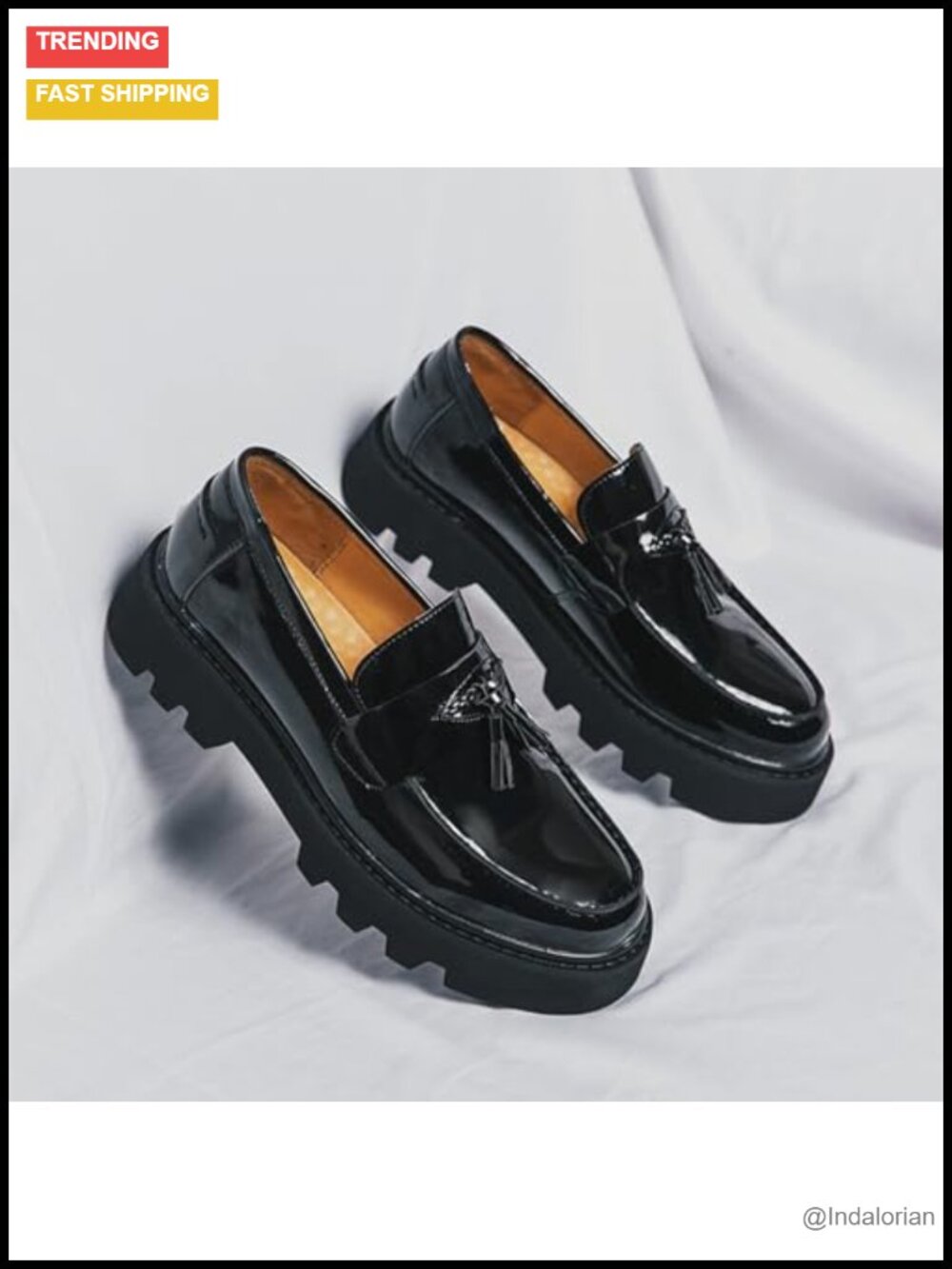 Men's Patent Leather Platform Slip-On Loafers with Tassels, Non-Slip Lug Sole, - Picture 5 of 6